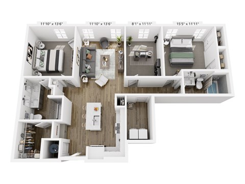Floor plan for 2 beds, 2 baths, 1255 sqft